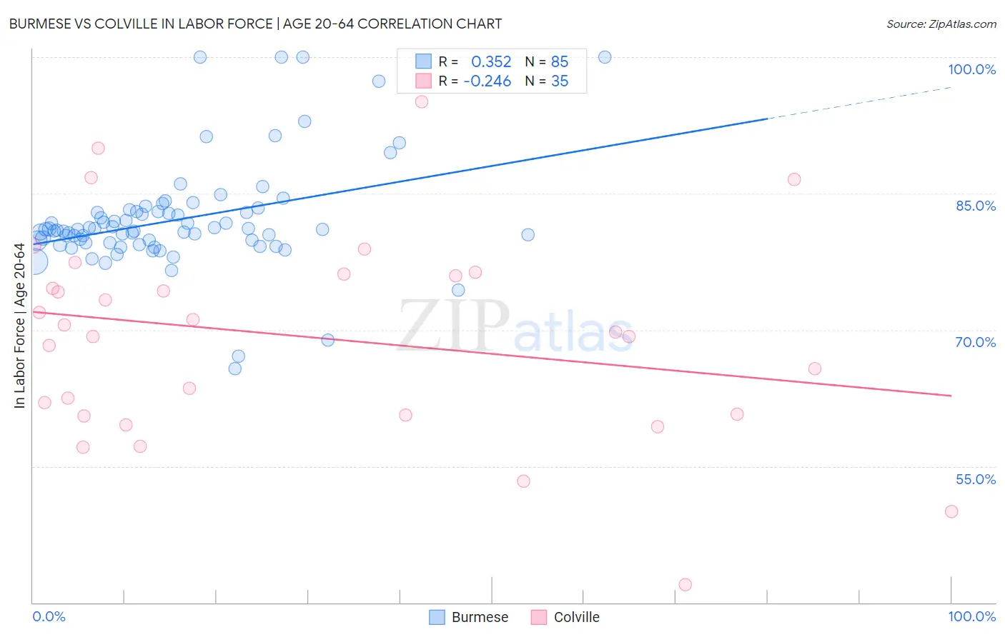 Burmese vs Colville In Labor Force | Age 20-64
