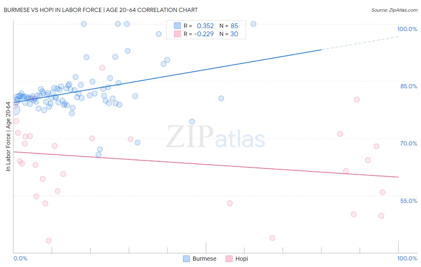 Burmese vs Hopi In Labor Force | Age 20-64