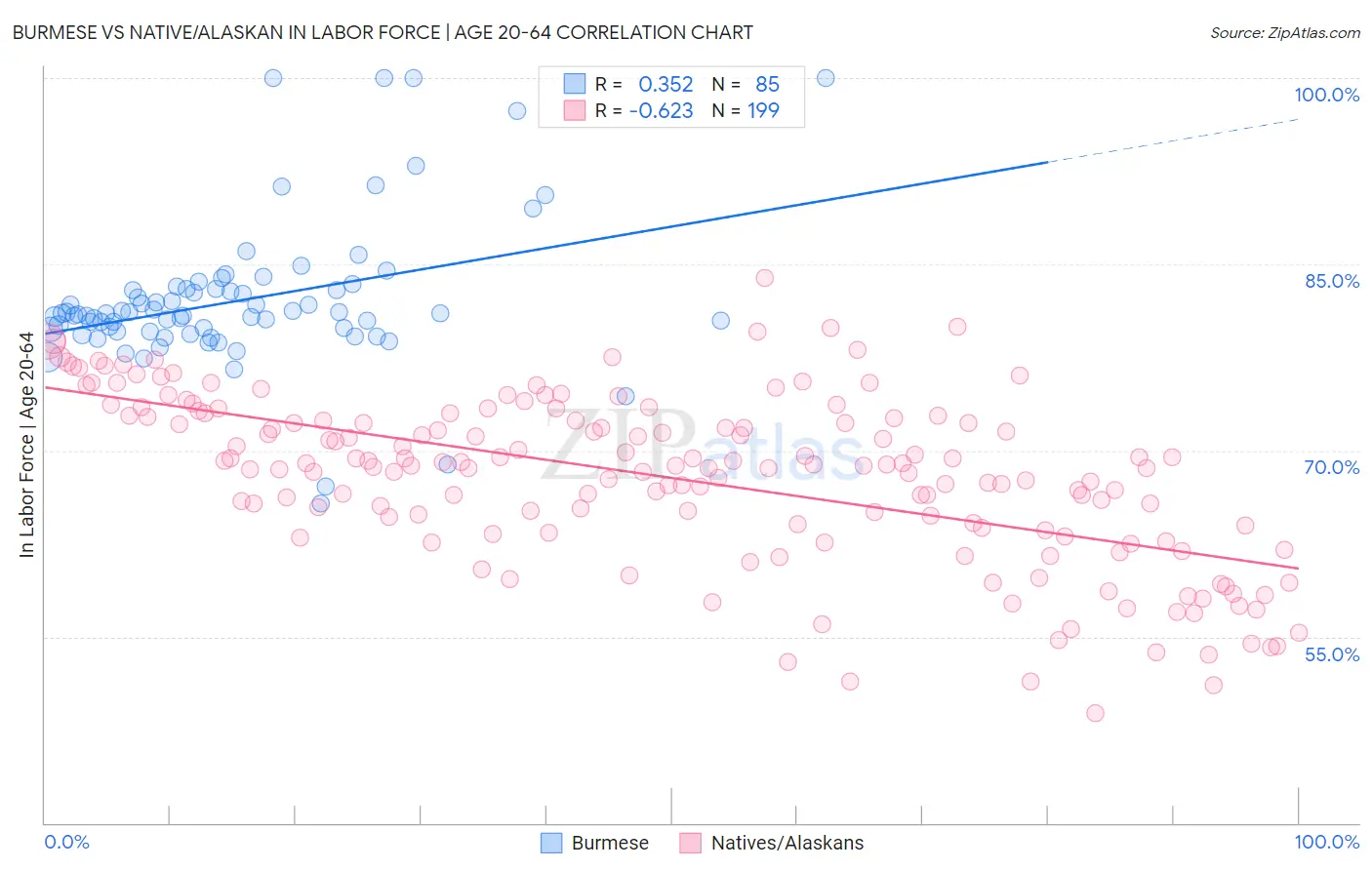 Burmese vs Native/Alaskan In Labor Force | Age 20-64