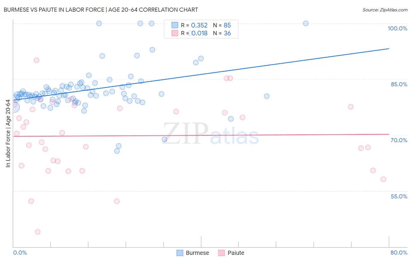 Burmese vs Paiute In Labor Force | Age 20-64