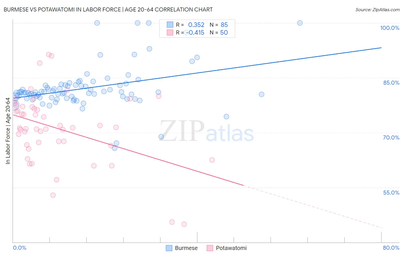 Burmese vs Potawatomi In Labor Force | Age 20-64