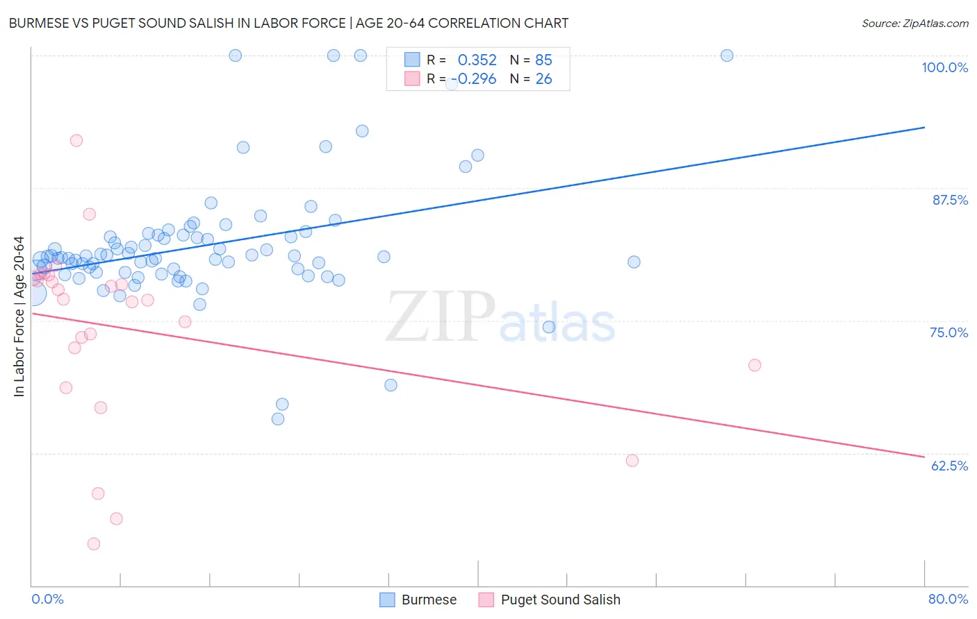 Burmese vs Puget Sound Salish In Labor Force | Age 20-64