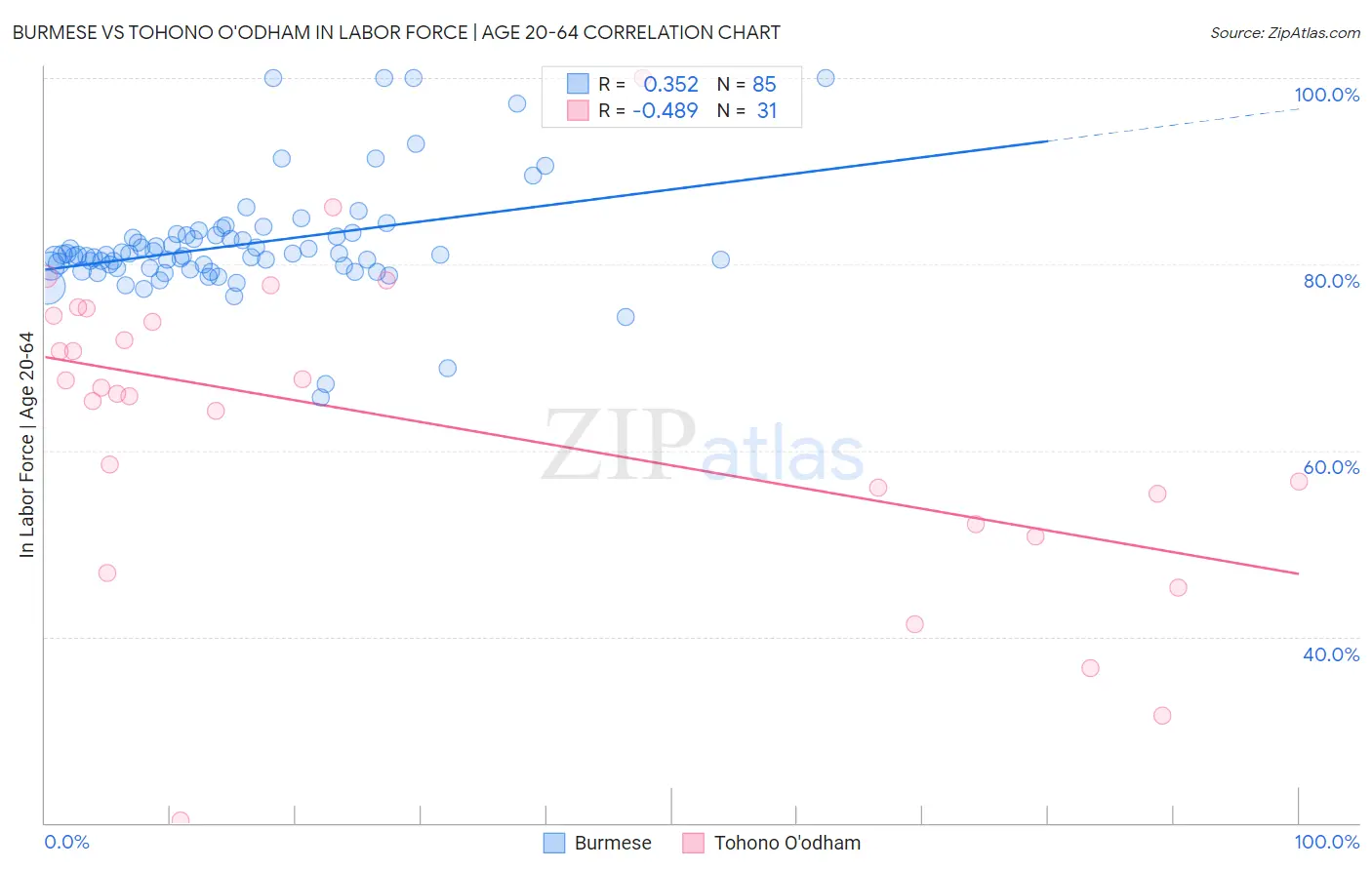 Burmese vs Tohono O'odham In Labor Force | Age 20-64