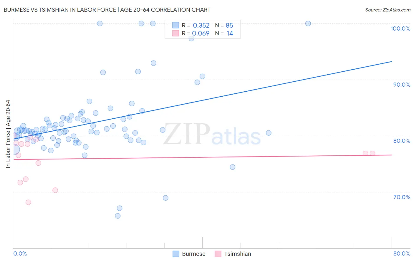 Burmese vs Tsimshian In Labor Force | Age 20-64