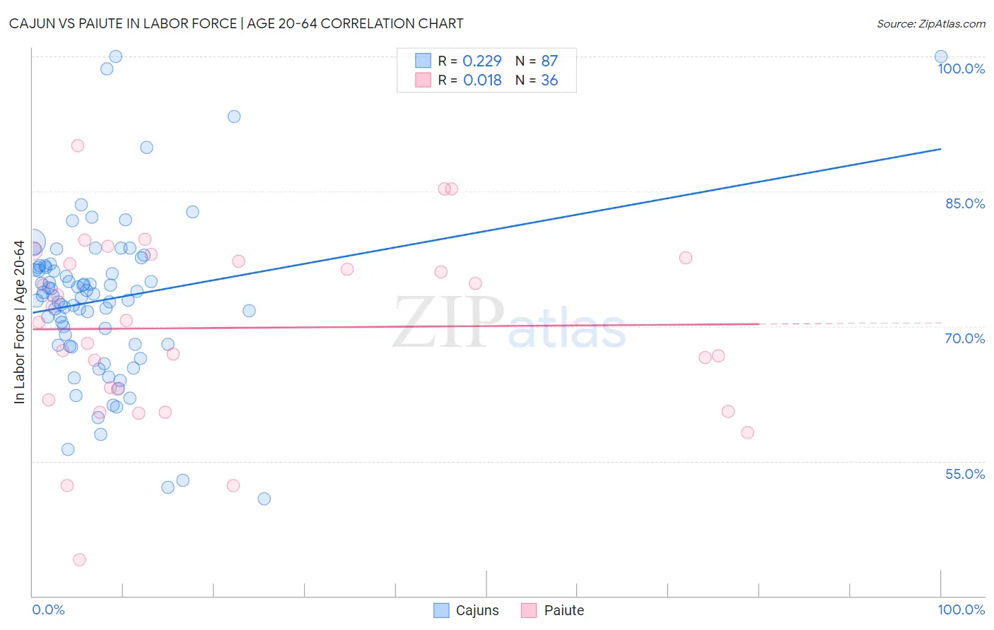 Cajun vs Paiute In Labor Force | Age 20-64