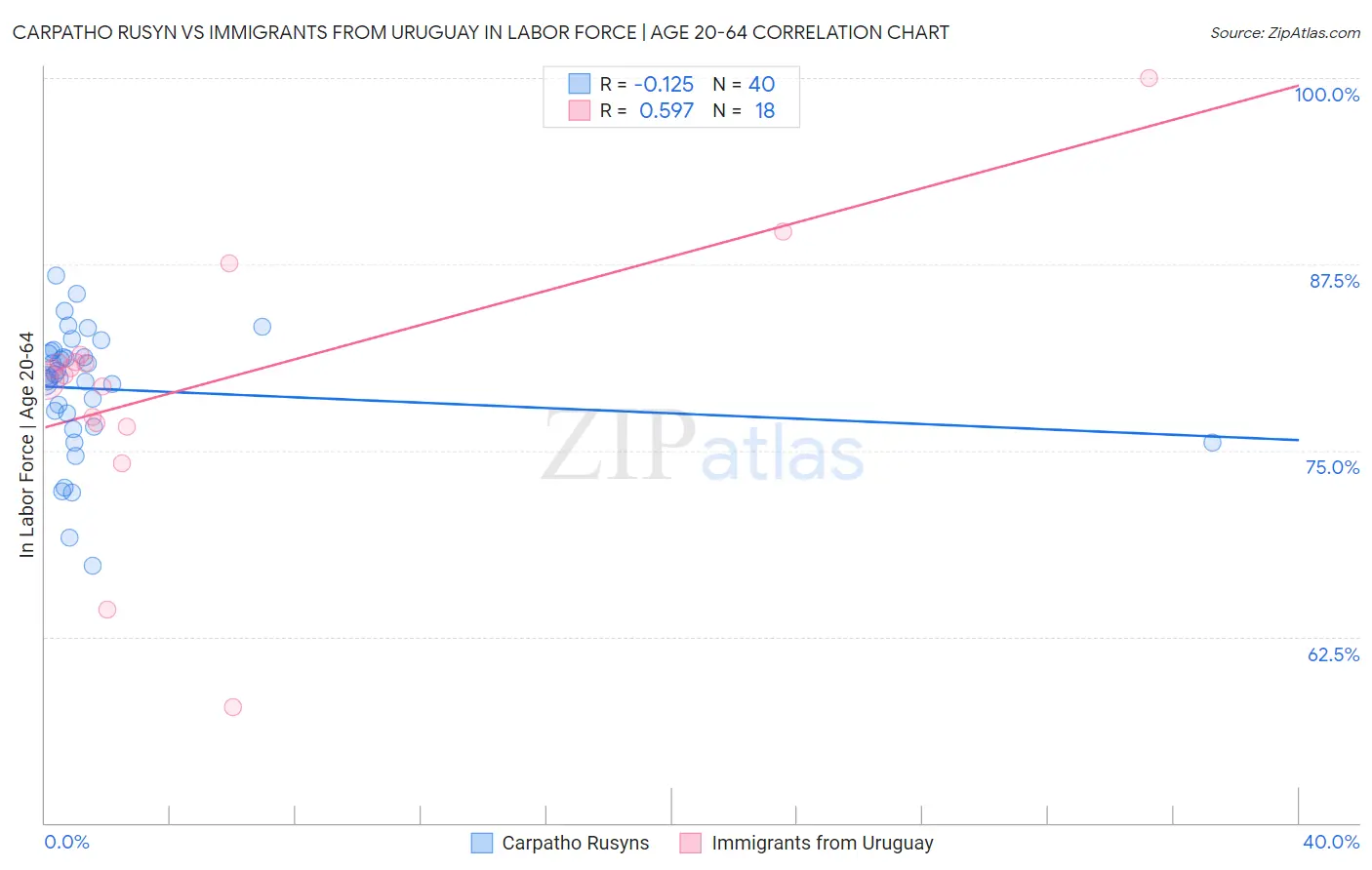 Carpatho Rusyn vs Immigrants from Uruguay In Labor Force | Age 20-64