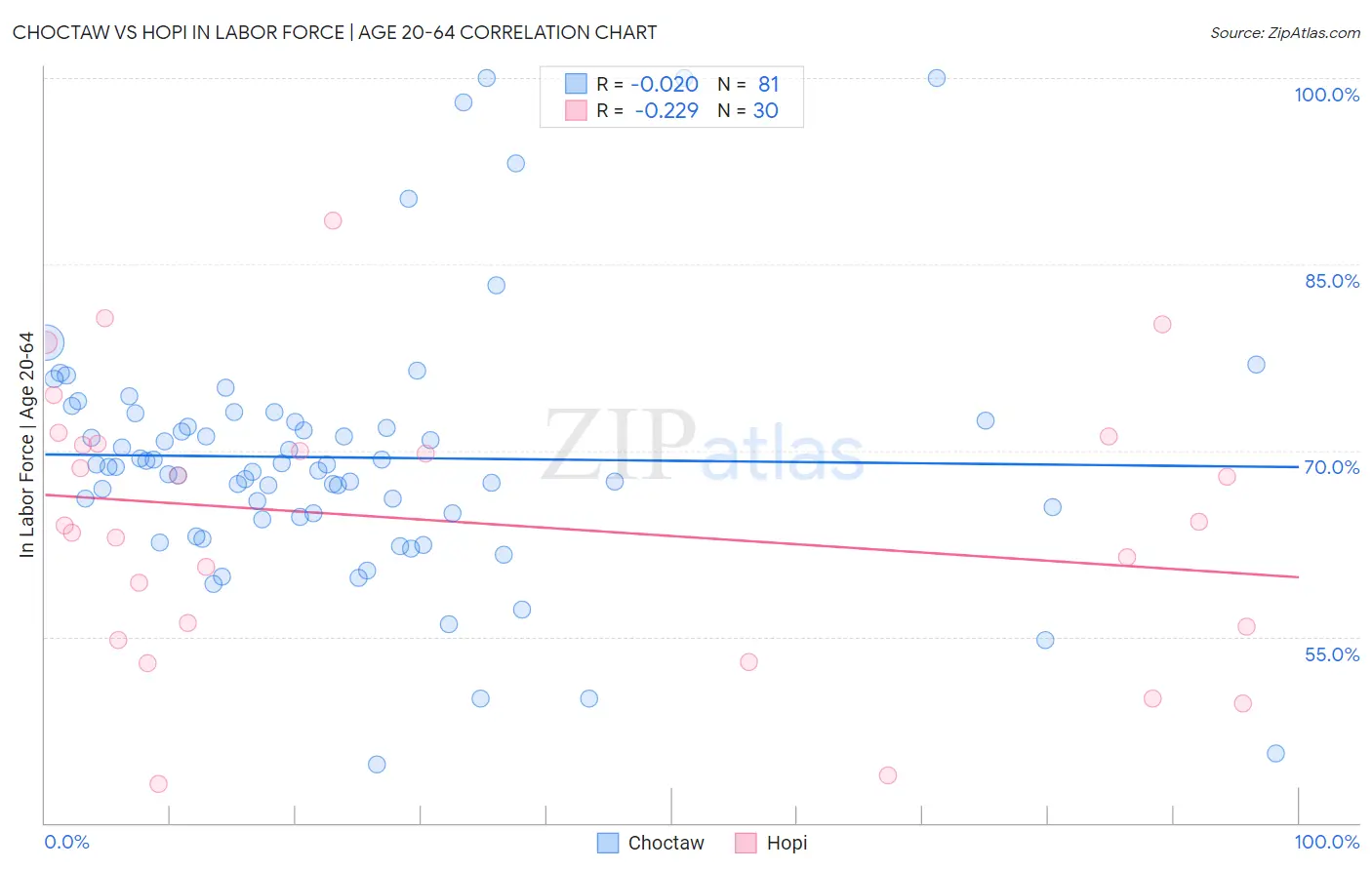 Choctaw vs Hopi In Labor Force | Age 20-64
