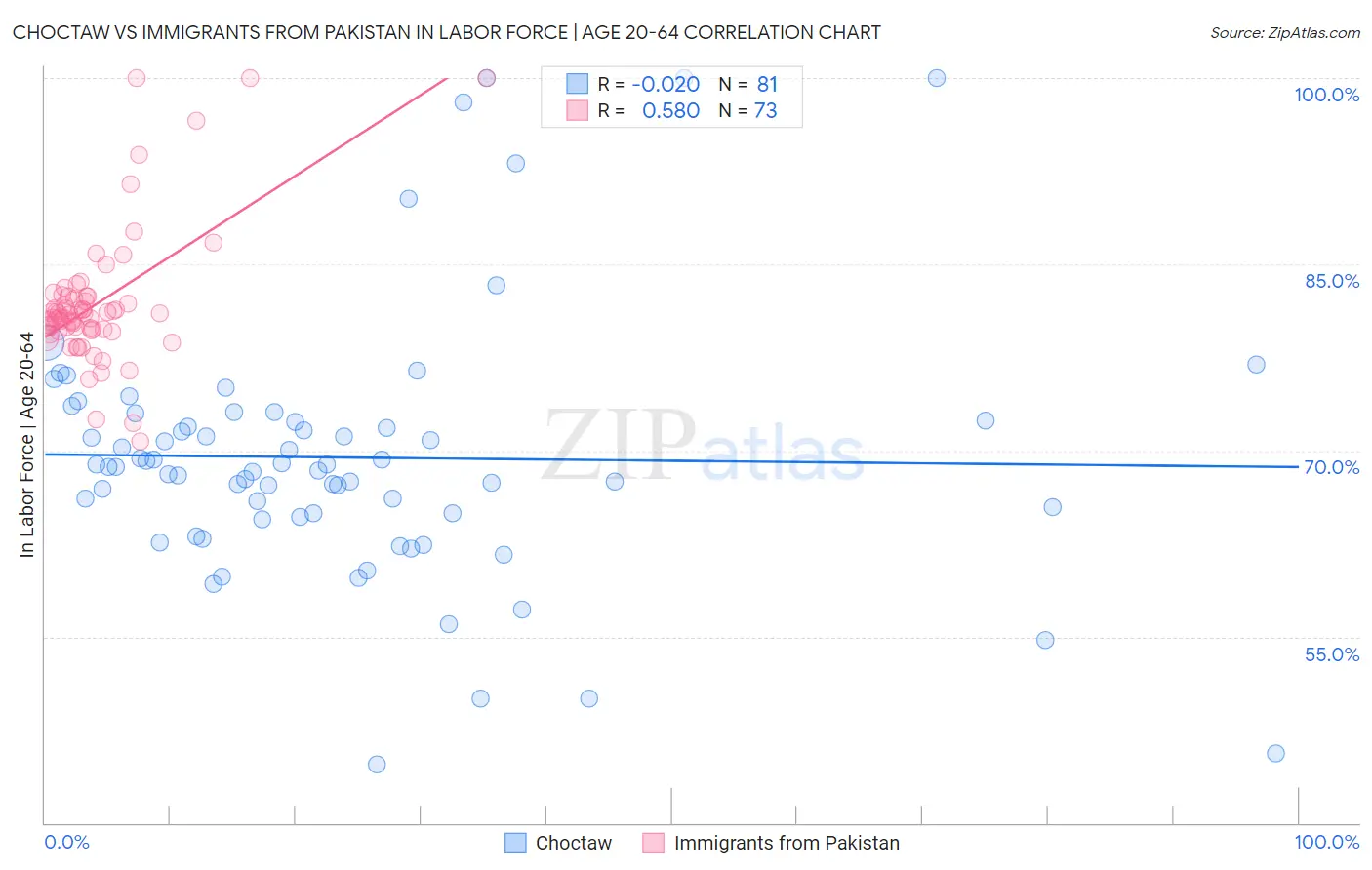 Choctaw vs Immigrants from Pakistan In Labor Force | Age 20-64