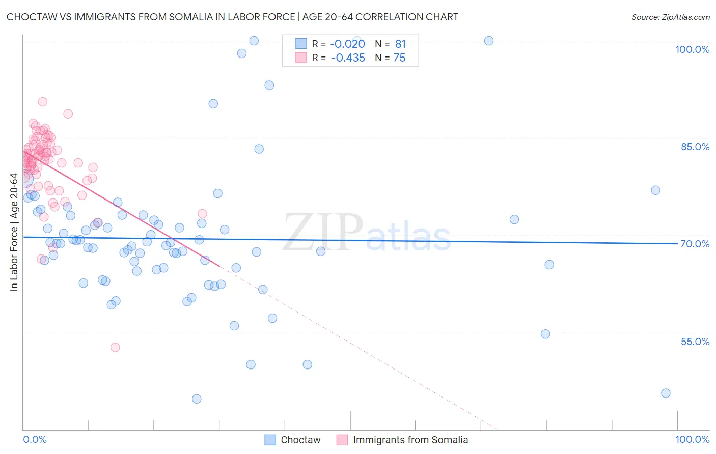 Choctaw vs Immigrants from Somalia In Labor Force | Age 20-64