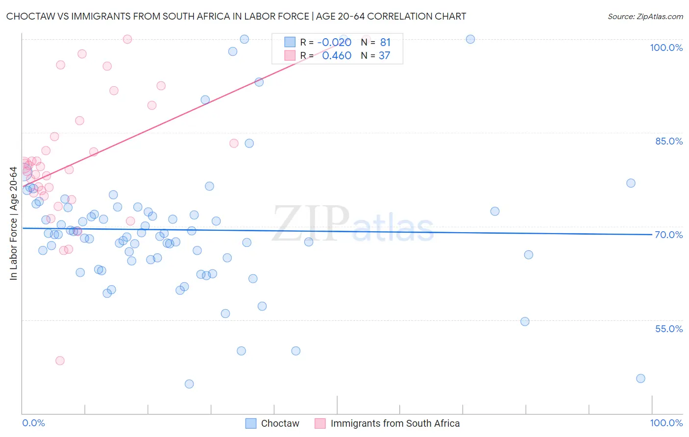 Choctaw vs Immigrants from South Africa In Labor Force | Age 20-64