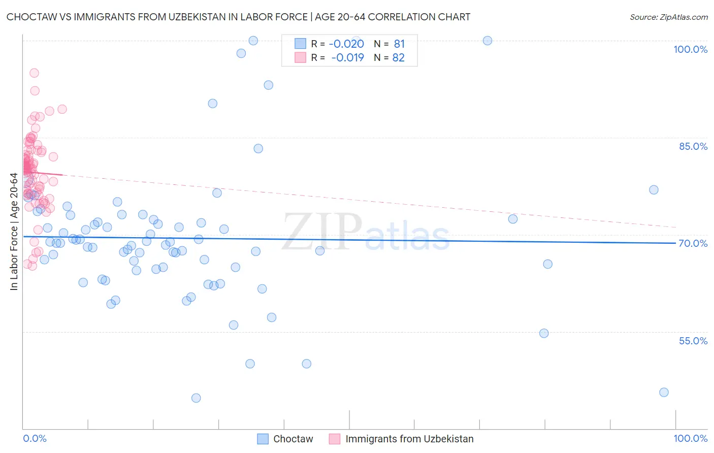 Choctaw vs Immigrants from Uzbekistan In Labor Force | Age 20-64