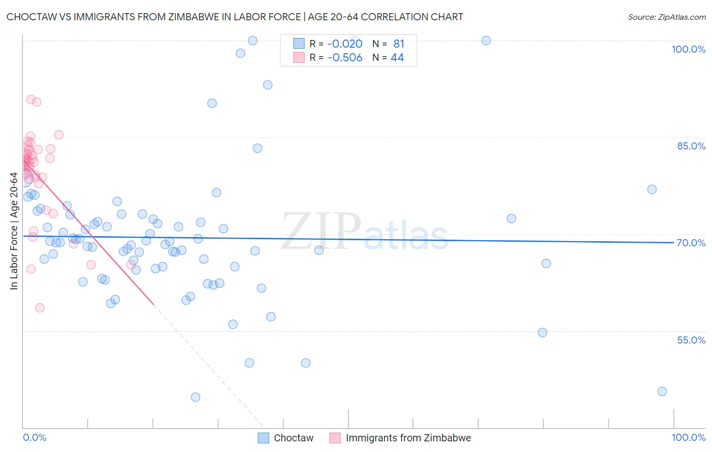 Choctaw vs Immigrants from Zimbabwe In Labor Force | Age 20-64