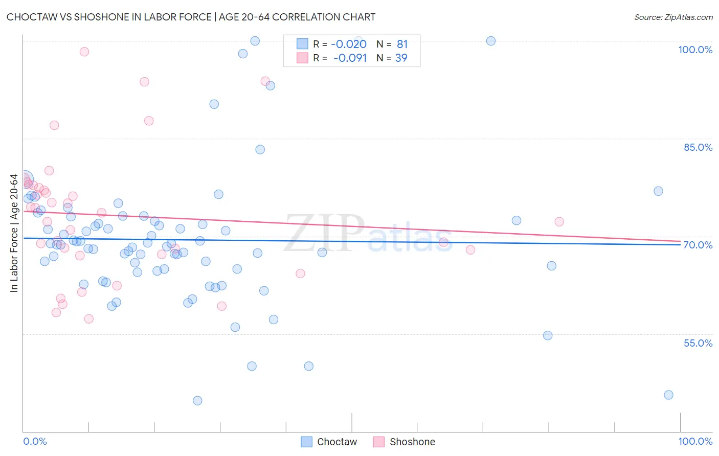 Choctaw vs Shoshone In Labor Force | Age 20-64