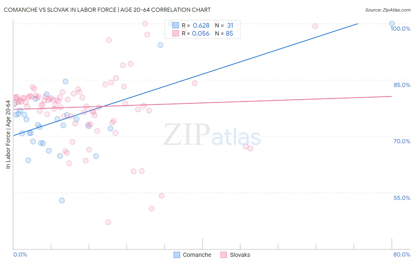 Comanche vs Slovak In Labor Force | Age 20-64