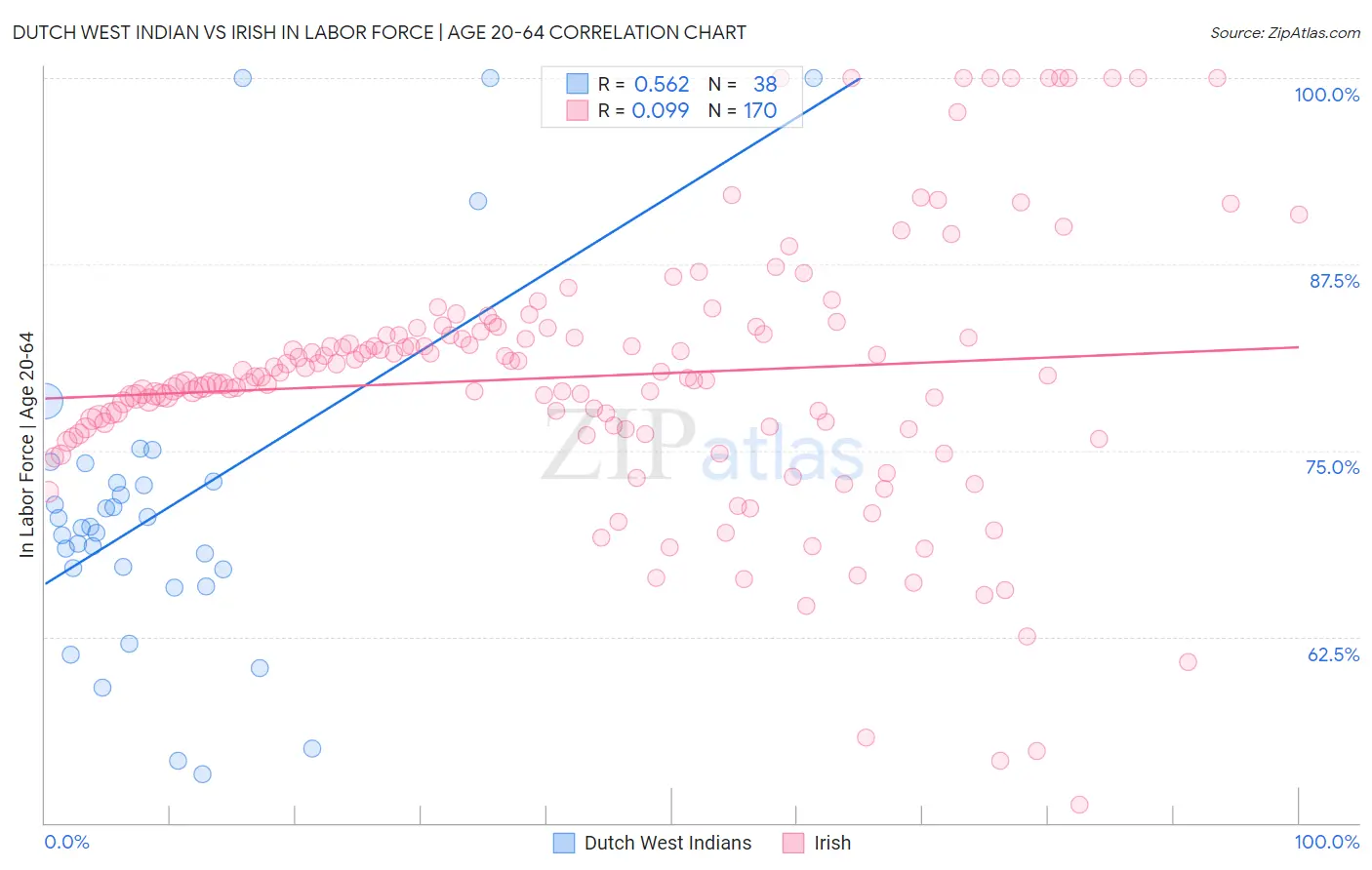 Dutch West Indian vs Irish In Labor Force | Age 20-64