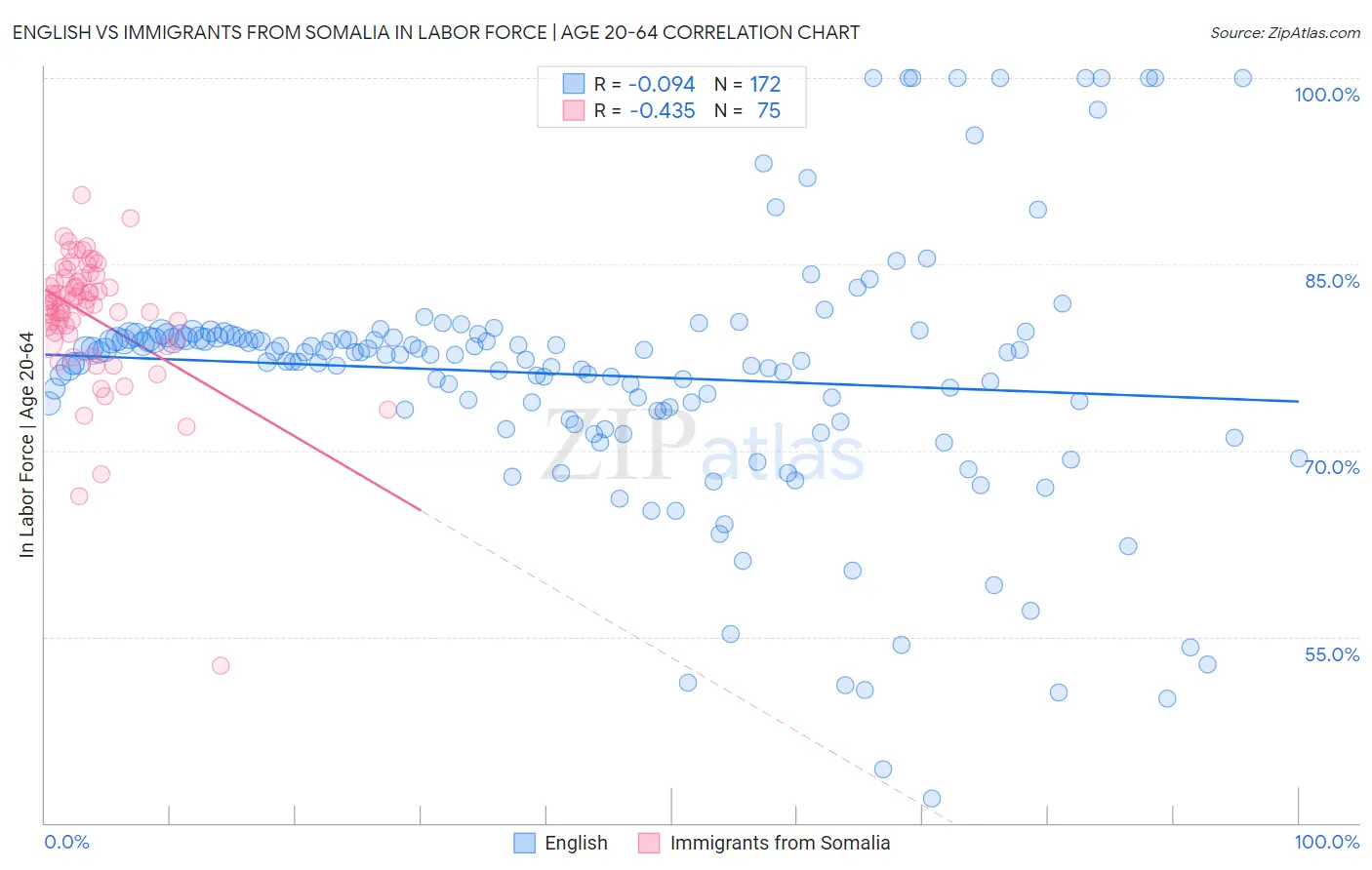 English vs Immigrants from Somalia In Labor Force | Age 20-64