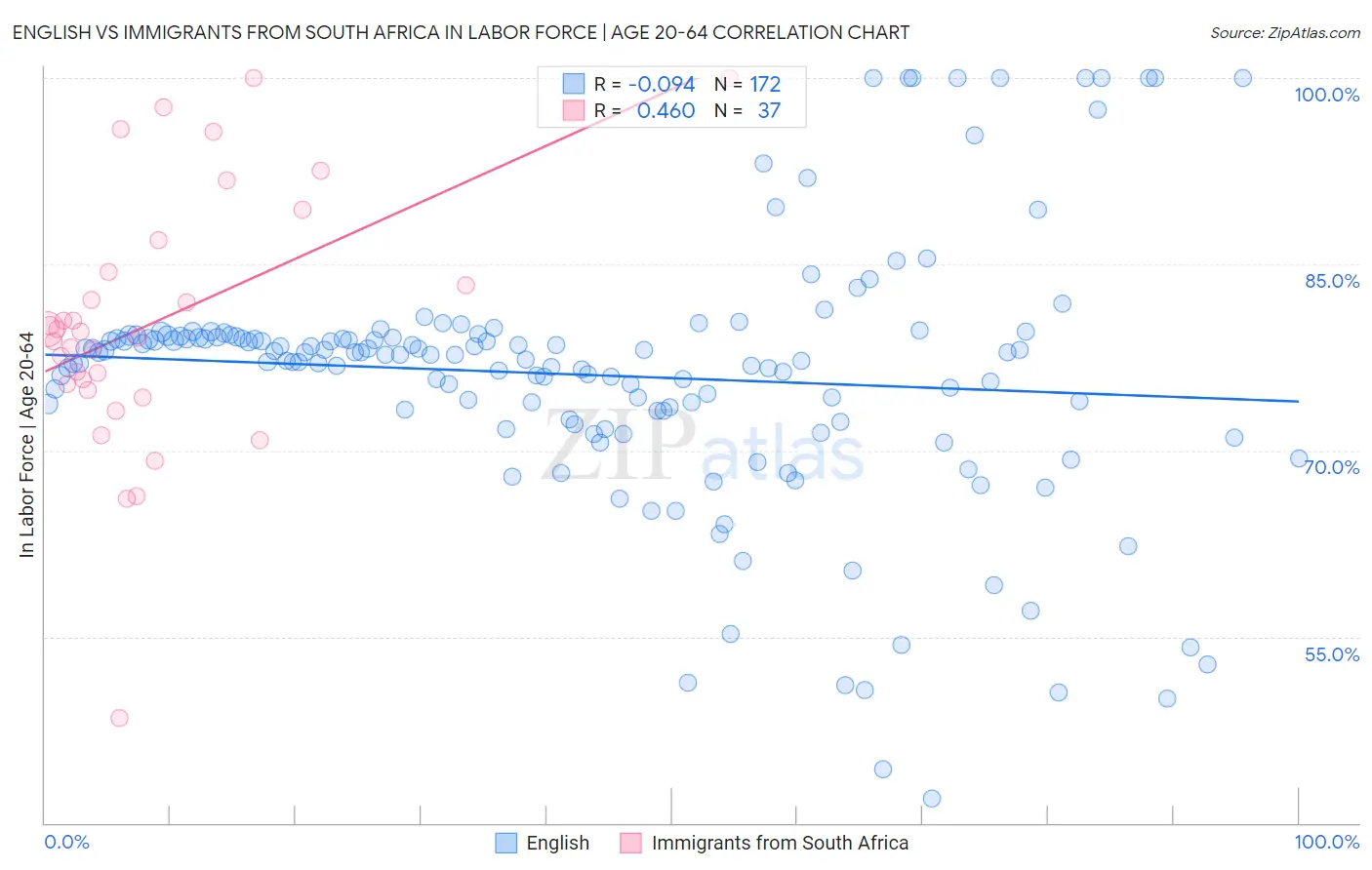 English vs Immigrants from South Africa In Labor Force | Age 20-64