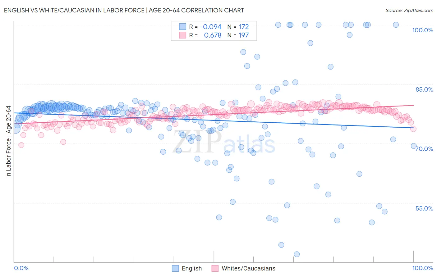 English vs White/Caucasian In Labor Force | Age 20-64