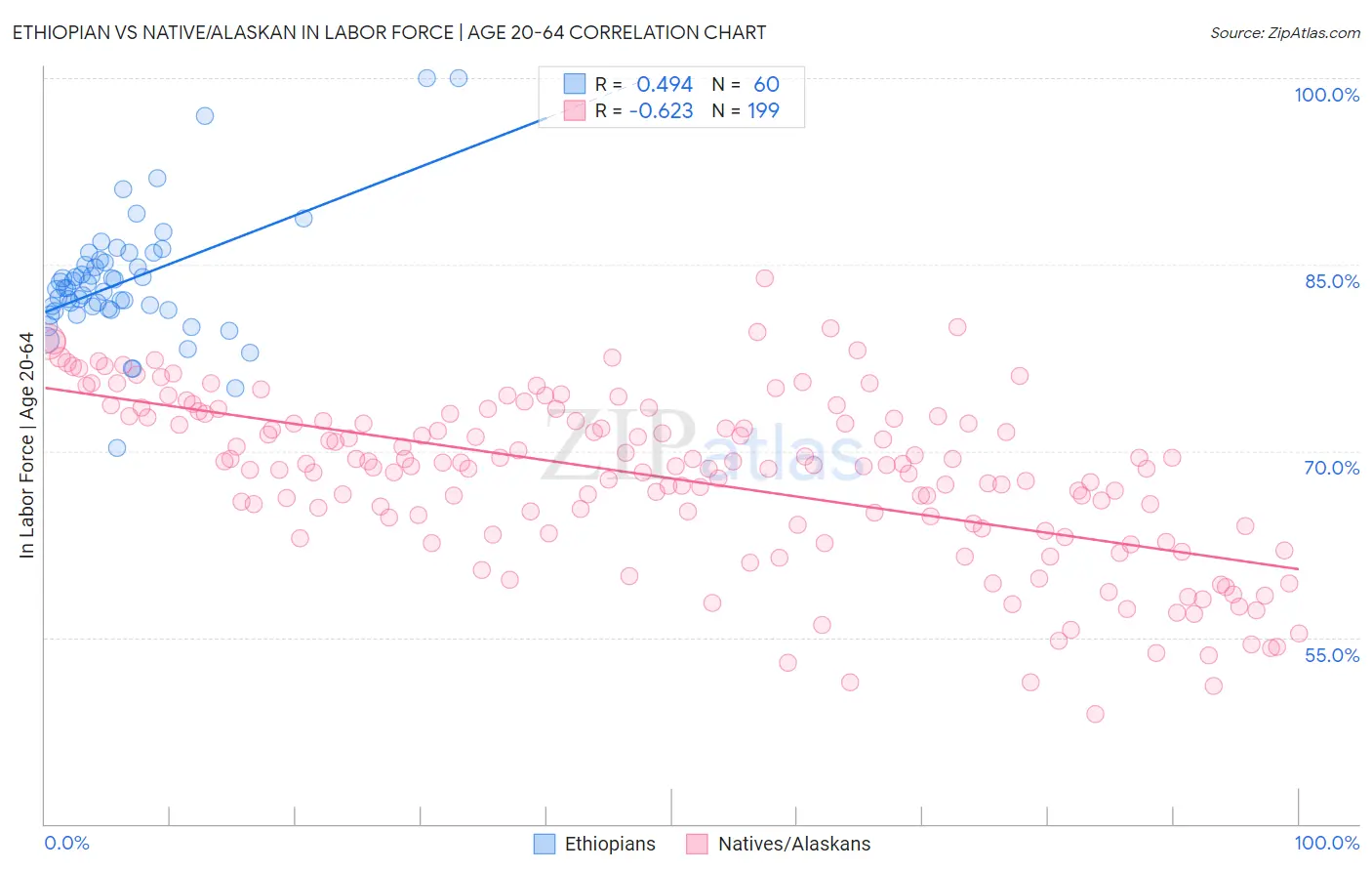 Ethiopian vs Native/Alaskan In Labor Force | Age 20-64