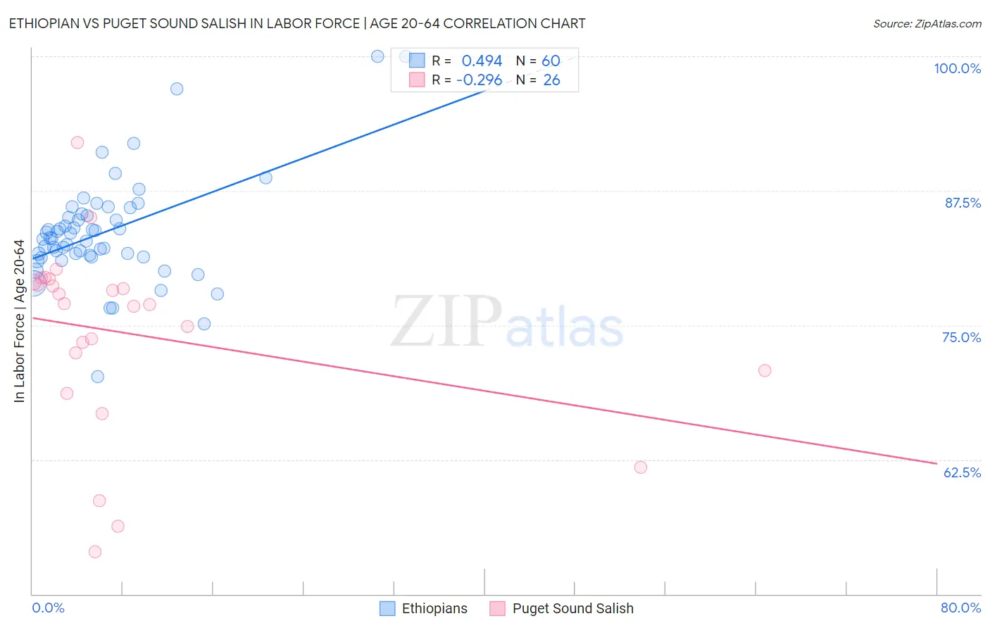 Ethiopian vs Puget Sound Salish In Labor Force | Age 20-64
