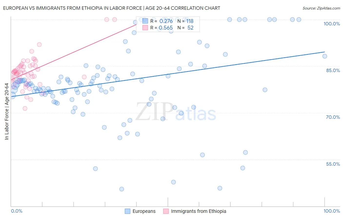 European vs Immigrants from Ethiopia In Labor Force | Age 20-64