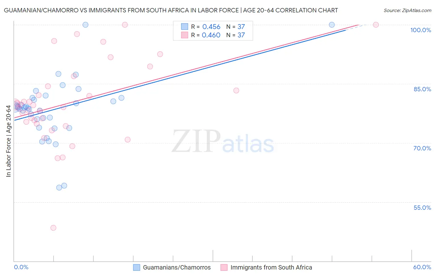 Guamanian/Chamorro vs Immigrants from South Africa In Labor Force | Age 20-64