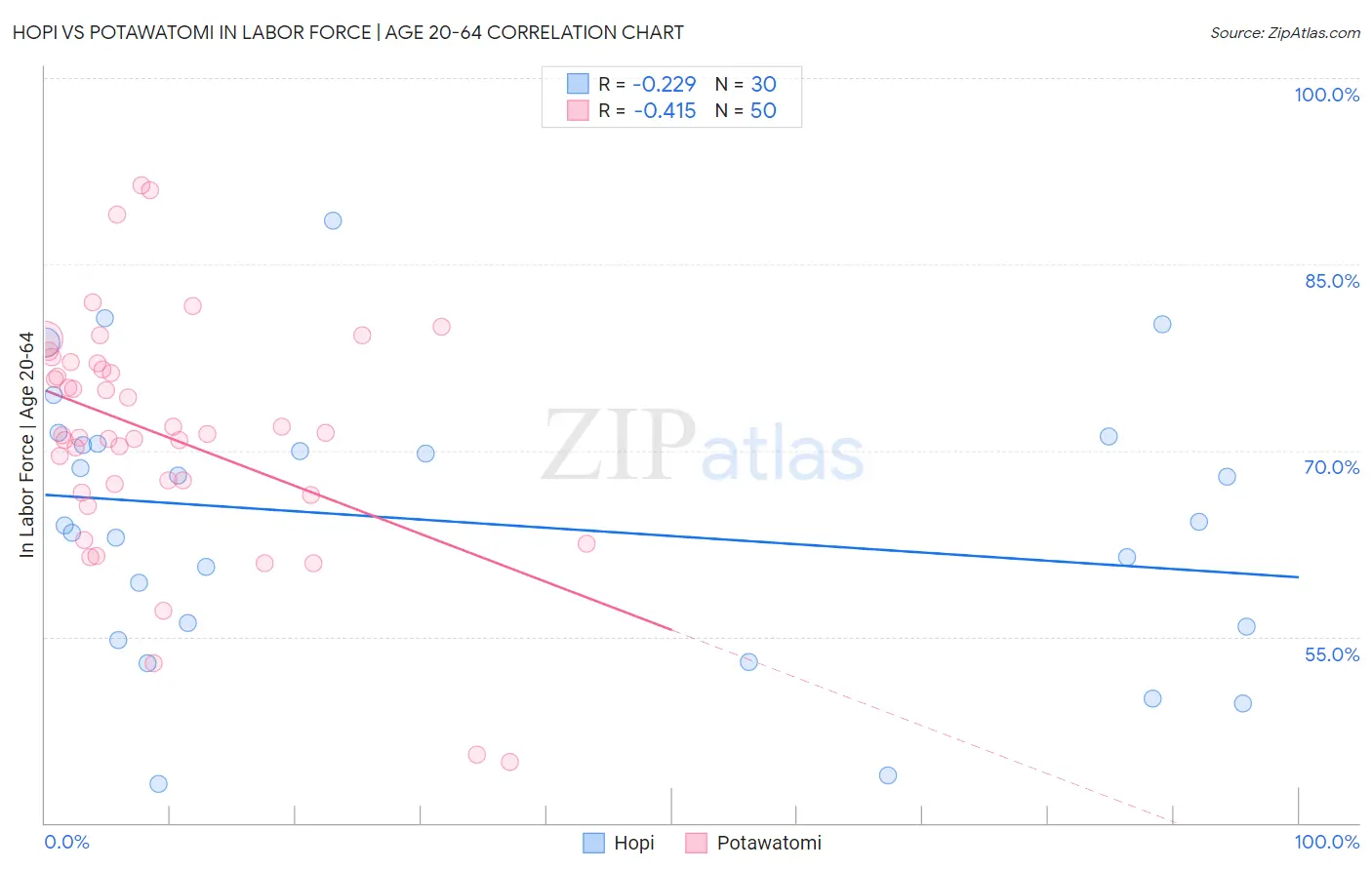 Hopi vs Potawatomi In Labor Force | Age 20-64