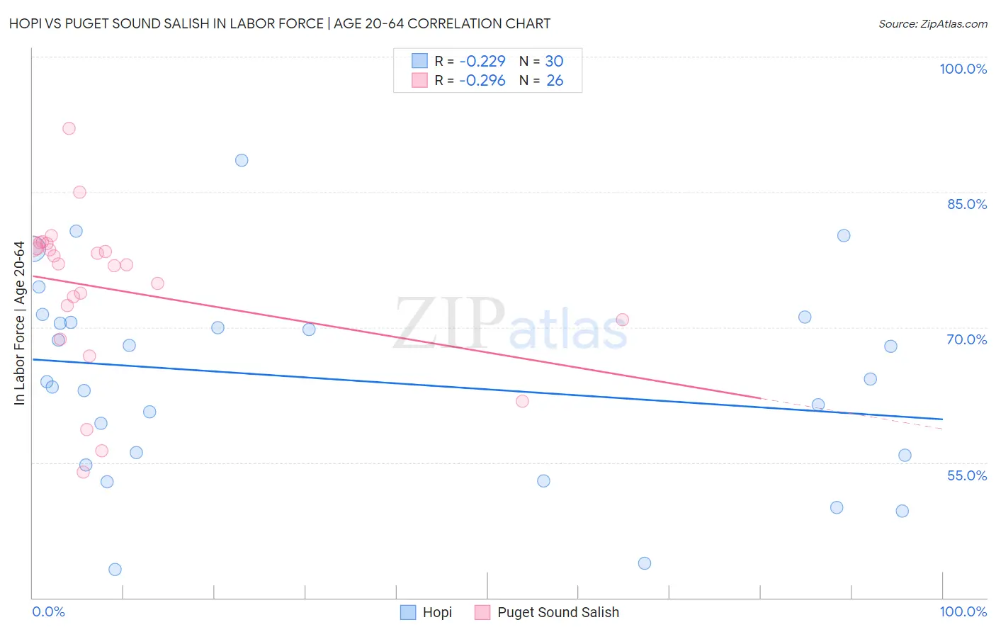 Hopi vs Puget Sound Salish In Labor Force | Age 20-64