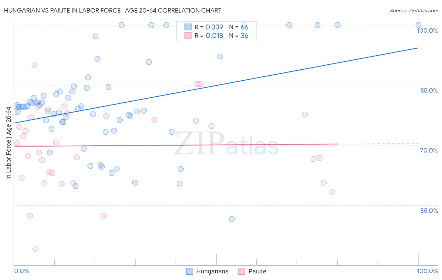 Hungarian vs Paiute In Labor Force | Age 20-64
