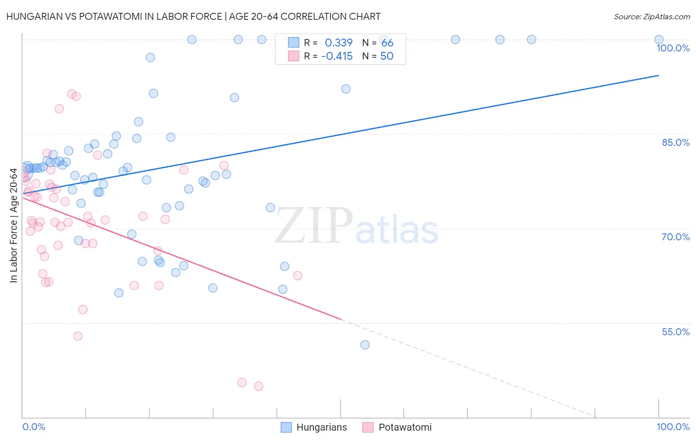 Hungarian vs Potawatomi In Labor Force | Age 20-64