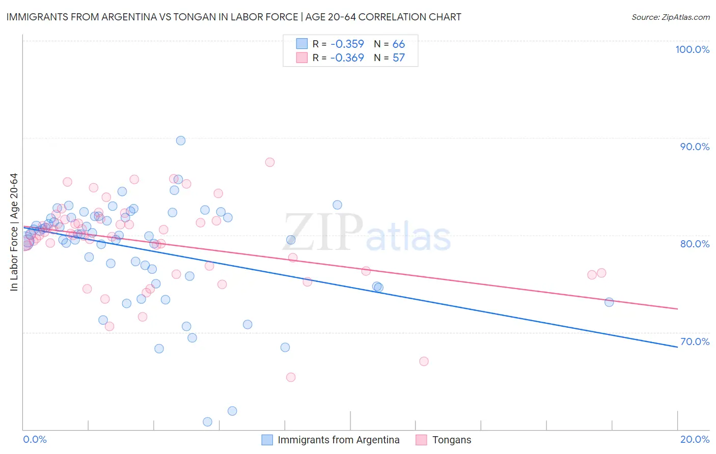 Immigrants from Argentina vs Tongan In Labor Force | Age 20-64