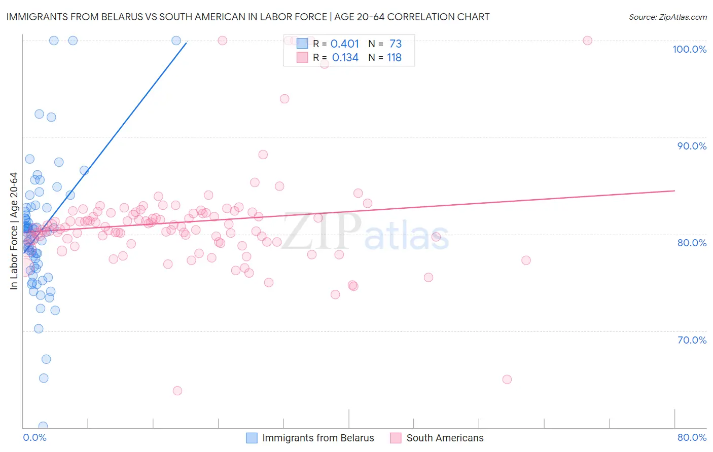 Immigrants from Belarus vs South American In Labor Force | Age 20-64