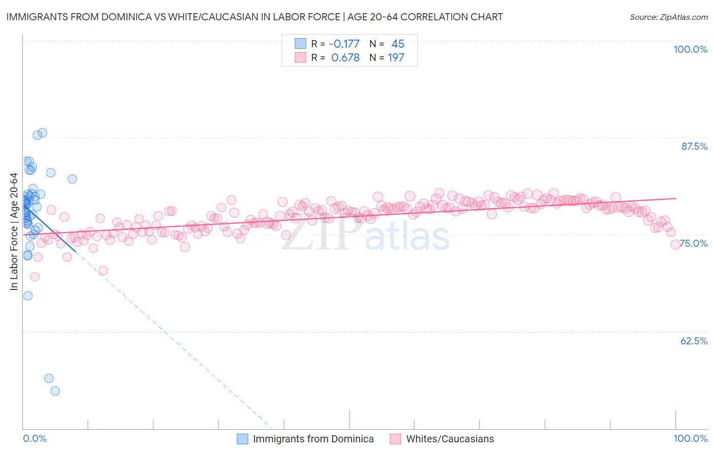 Immigrants from Dominica vs White/Caucasian In Labor Force | Age 20-64