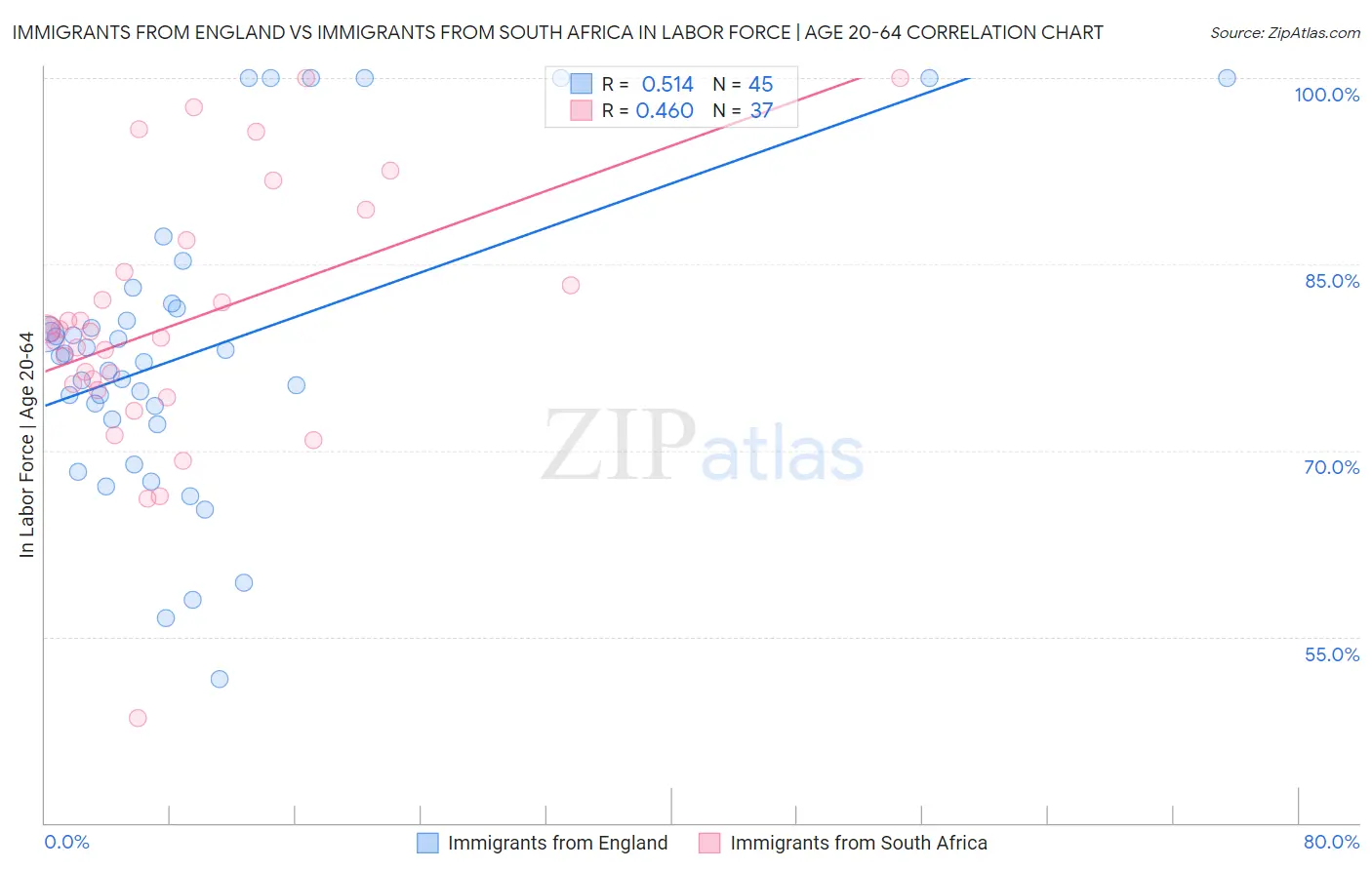 Immigrants from England vs Immigrants from South Africa In Labor Force | Age 20-64