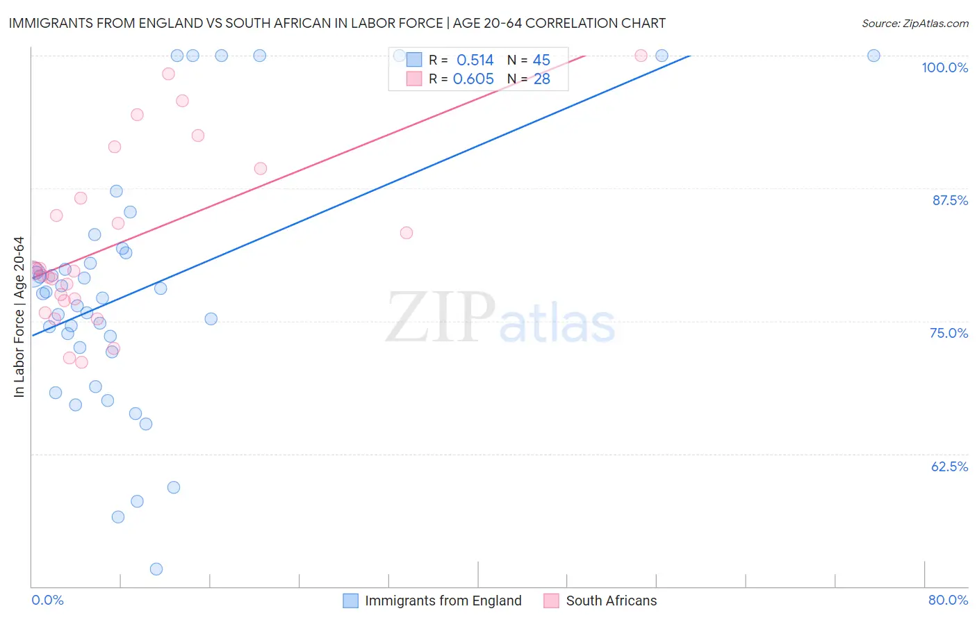 Immigrants from England vs South African In Labor Force | Age 20-64