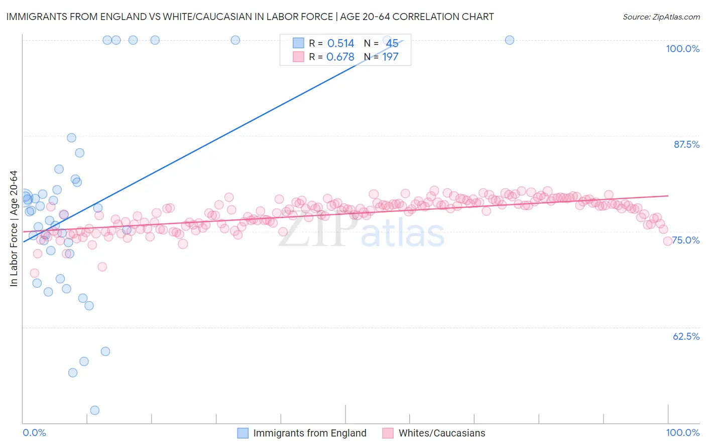 Immigrants from England vs White/Caucasian In Labor Force | Age 20-64