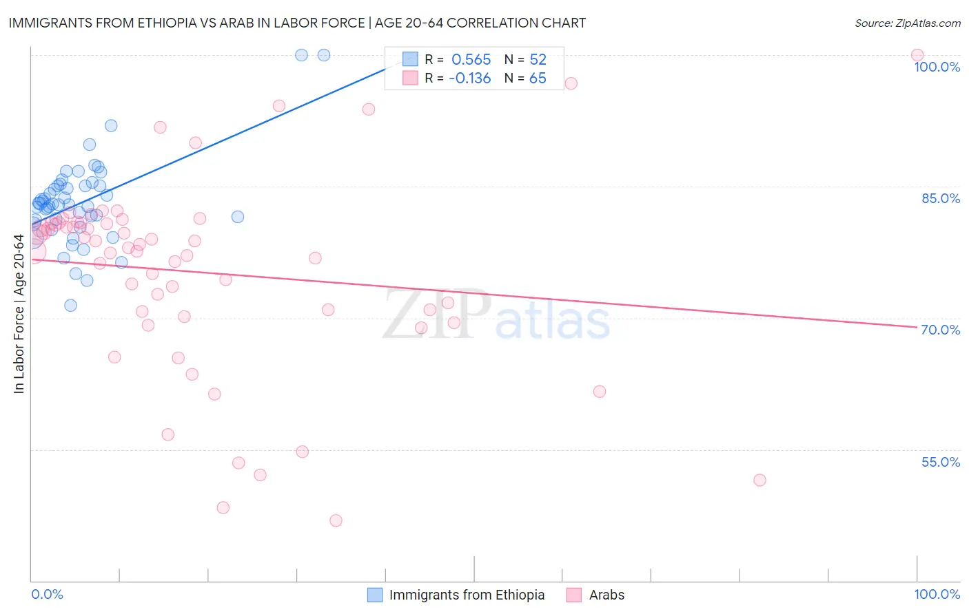 Immigrants from Ethiopia vs Arab In Labor Force | Age 20-64