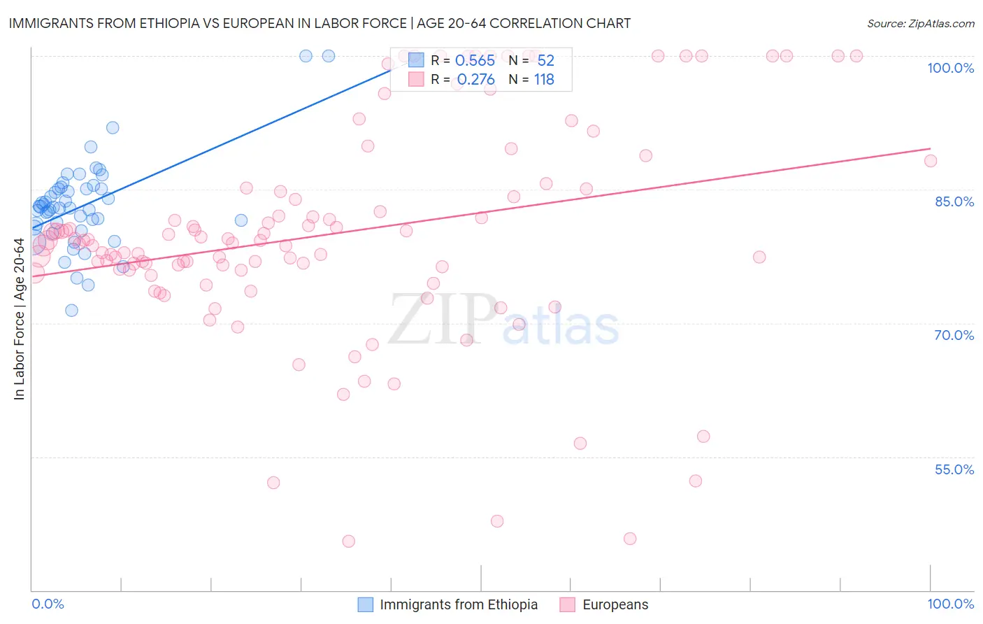 Immigrants from Ethiopia vs European In Labor Force | Age 20-64