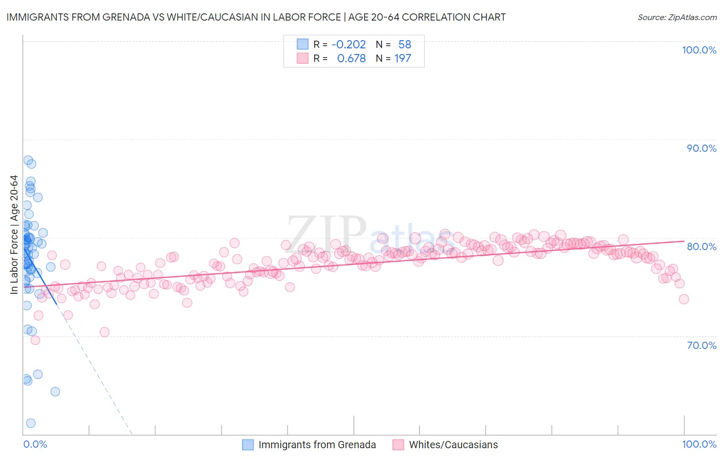 Immigrants from Grenada vs White/Caucasian In Labor Force | Age 20-64
