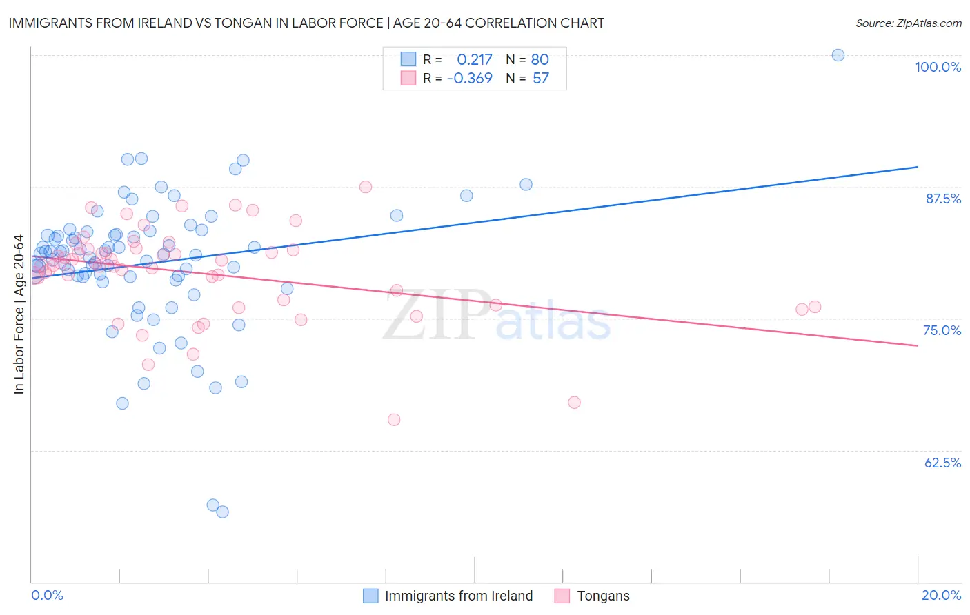 Immigrants from Ireland vs Tongan In Labor Force | Age 20-64