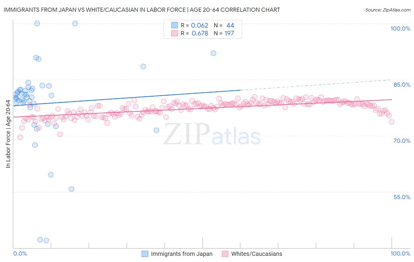 Immigrants from Japan vs White/Caucasian In Labor Force | Age 20-64