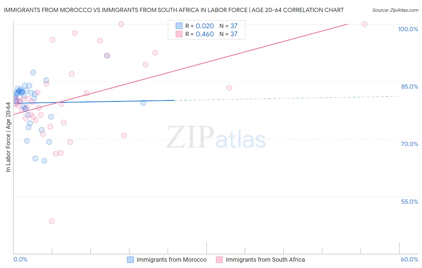 Immigrants from Morocco vs Immigrants from South Africa In Labor Force | Age 20-64