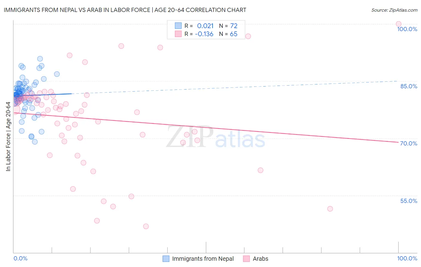 Immigrants from Nepal vs Arab In Labor Force | Age 20-64