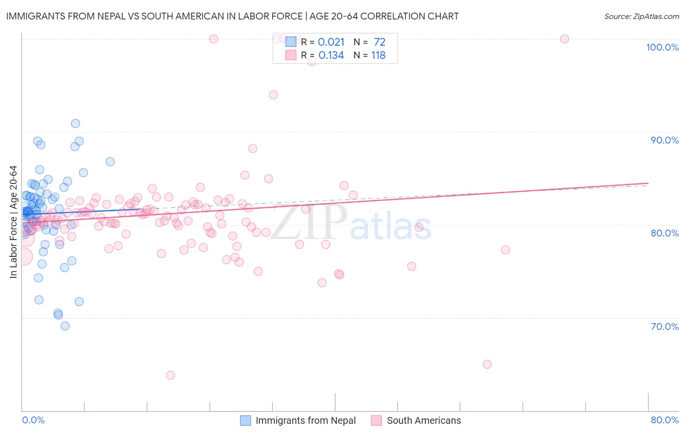 Immigrants from Nepal vs South American In Labor Force | Age 20-64