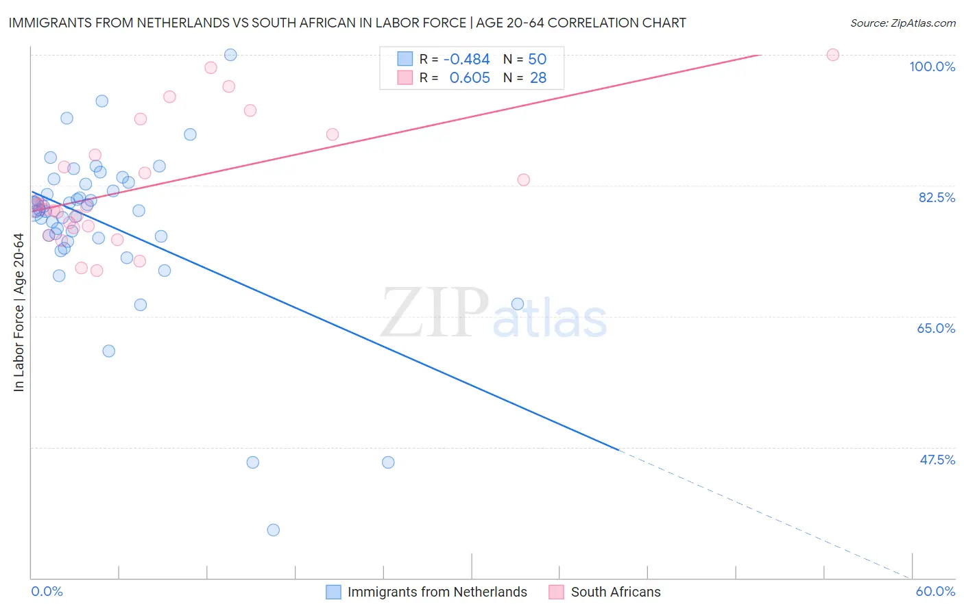 Immigrants from Netherlands vs South African In Labor Force | Age 20-64
