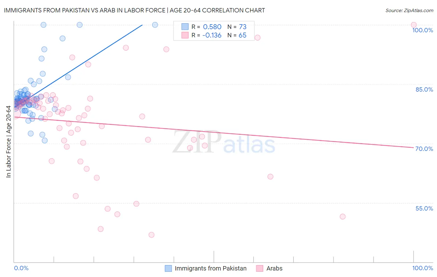 Immigrants from Pakistan vs Arab In Labor Force | Age 20-64