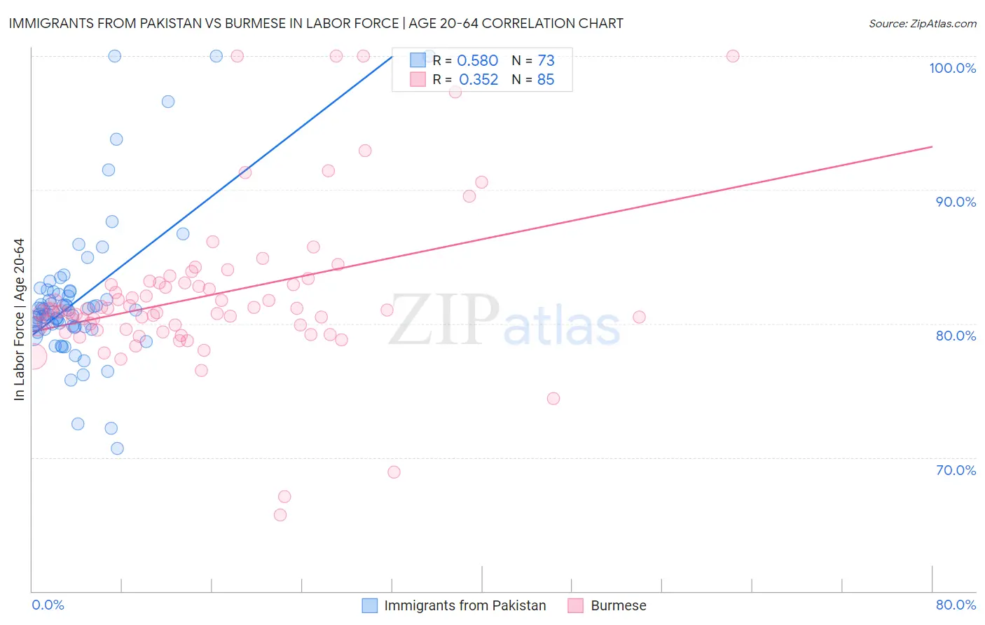 Immigrants from Pakistan vs Burmese In Labor Force | Age 20-64