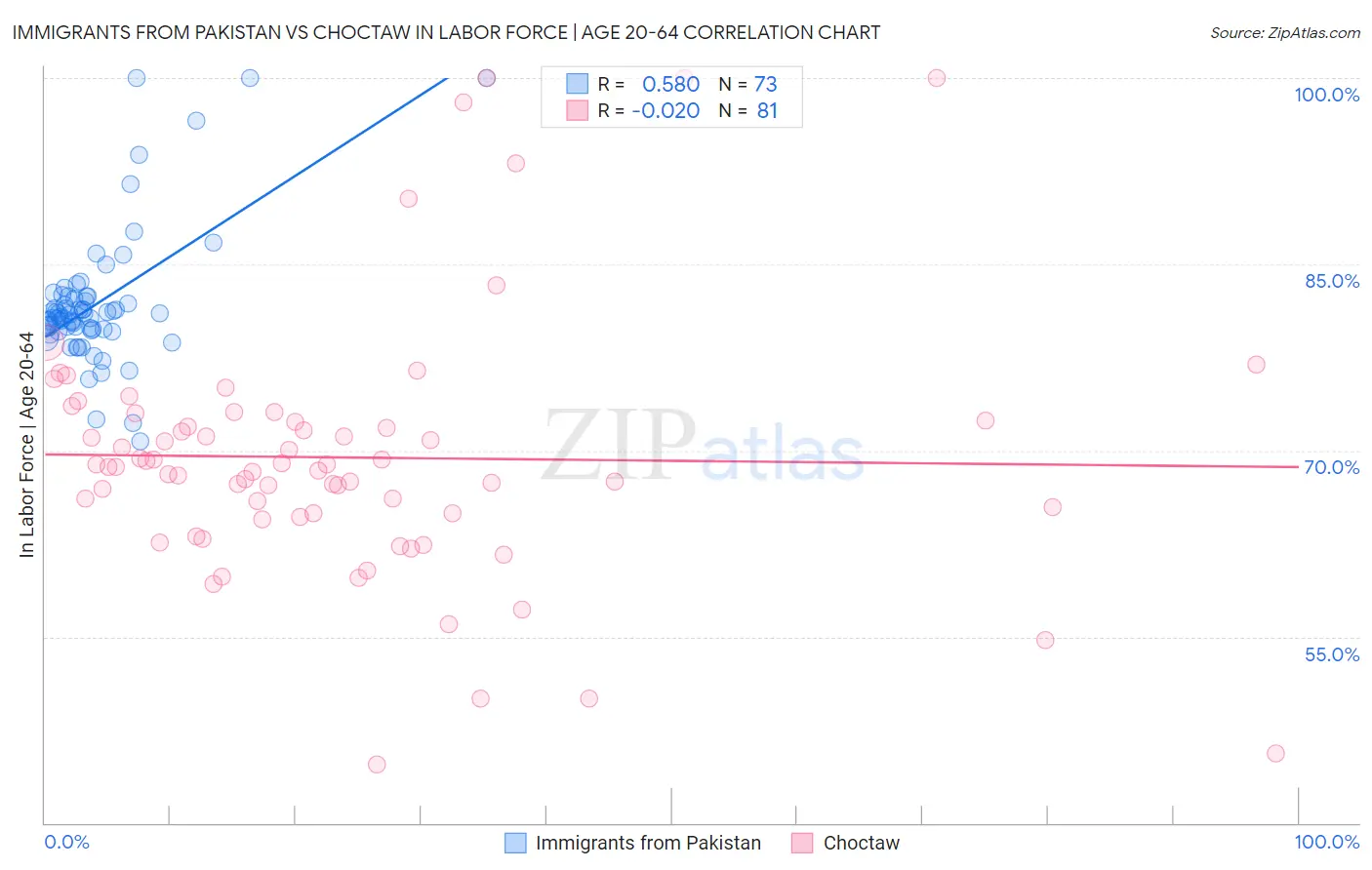 Immigrants from Pakistan vs Choctaw In Labor Force | Age 20-64