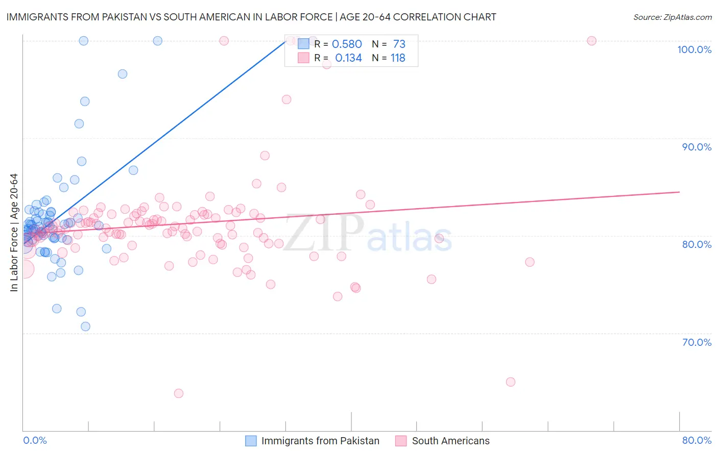 Immigrants from Pakistan vs South American In Labor Force | Age 20-64