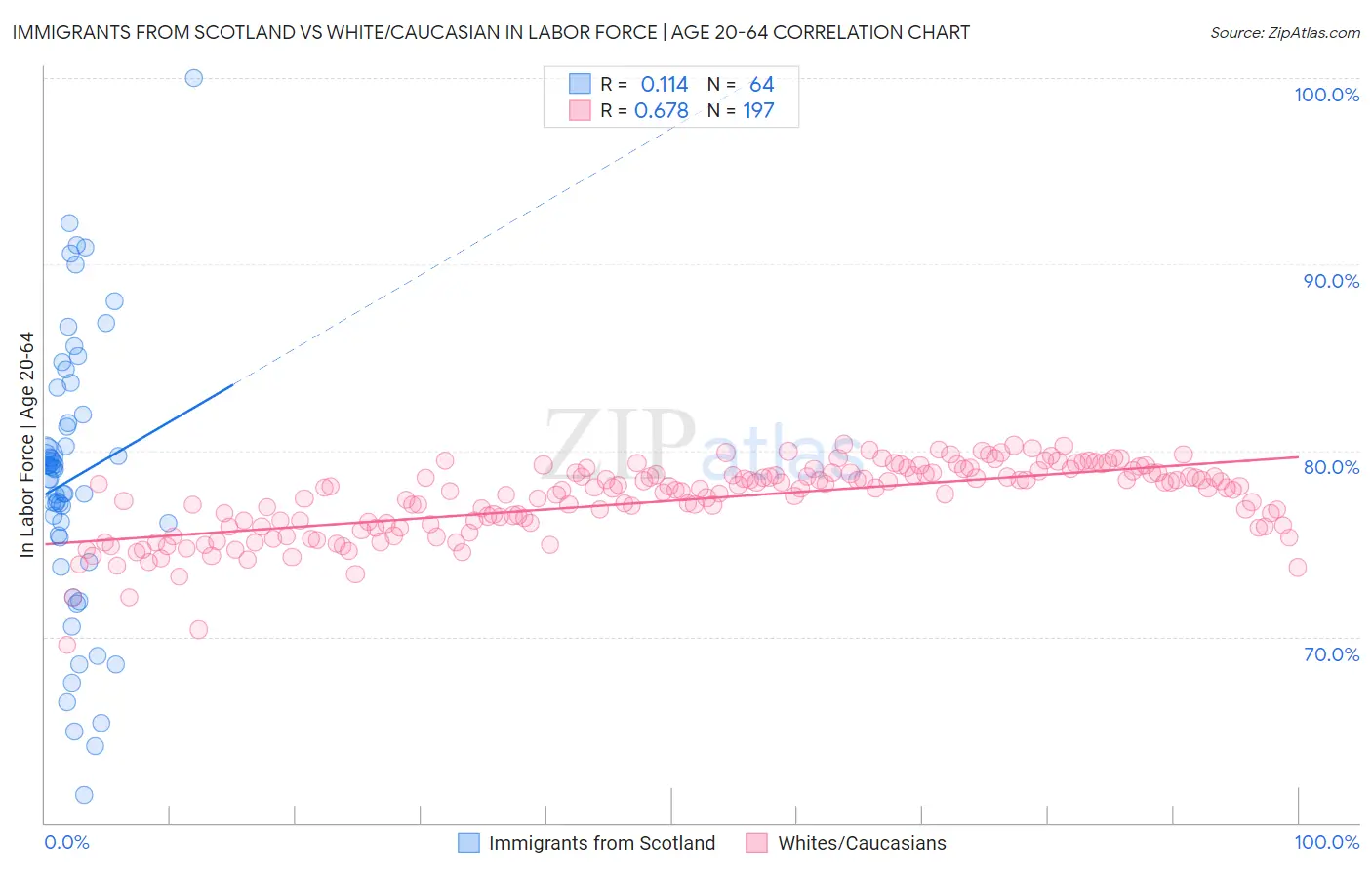 Immigrants from Scotland vs White/Caucasian In Labor Force | Age 20-64